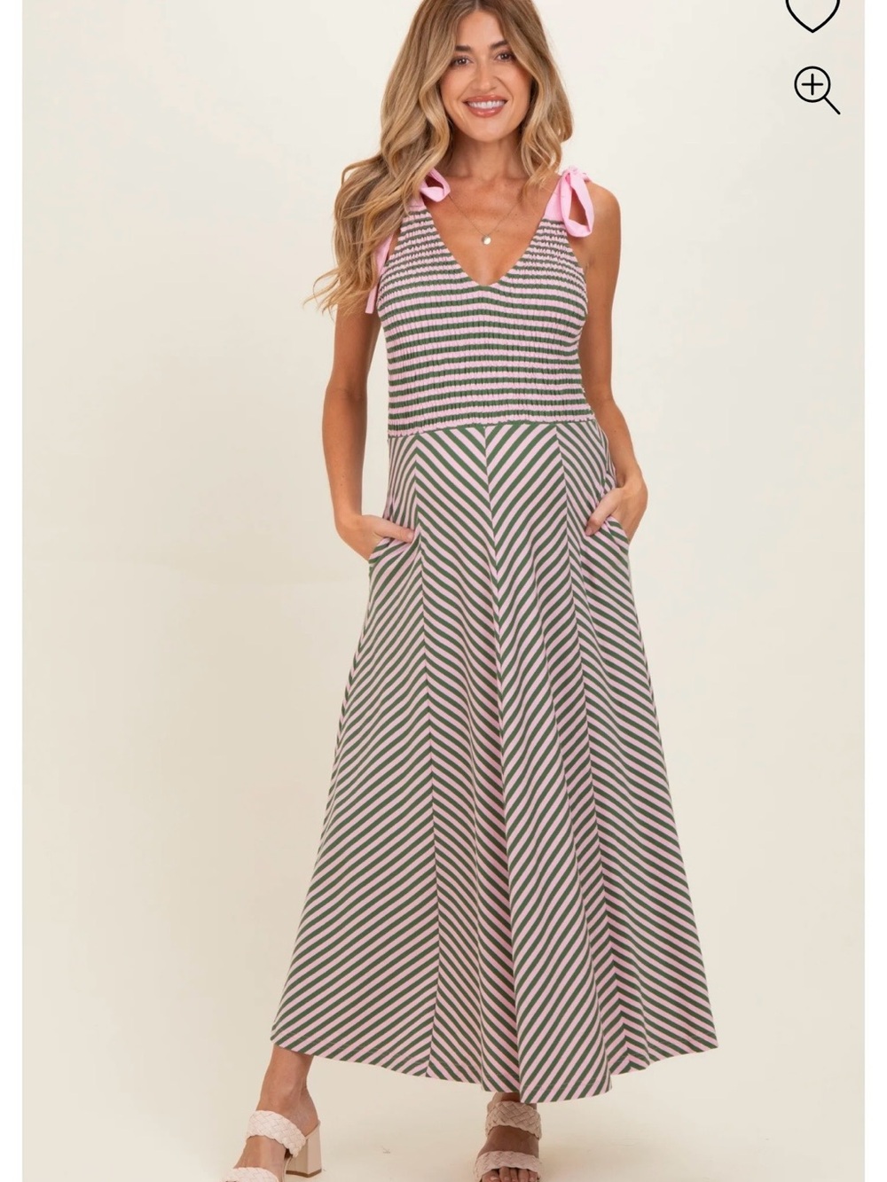 Striped Pink and Olive Tie-Shoulder Maxi Dress